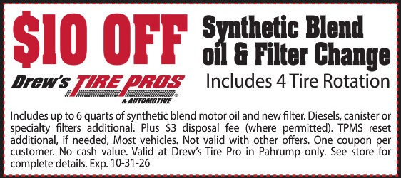 $10 OFF Synthetic Blend oil & Filter Change - Includes 4 Tire Rotation